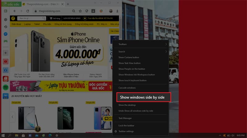 Dùng Taskbar để sử dụng chế độ chia màn hình