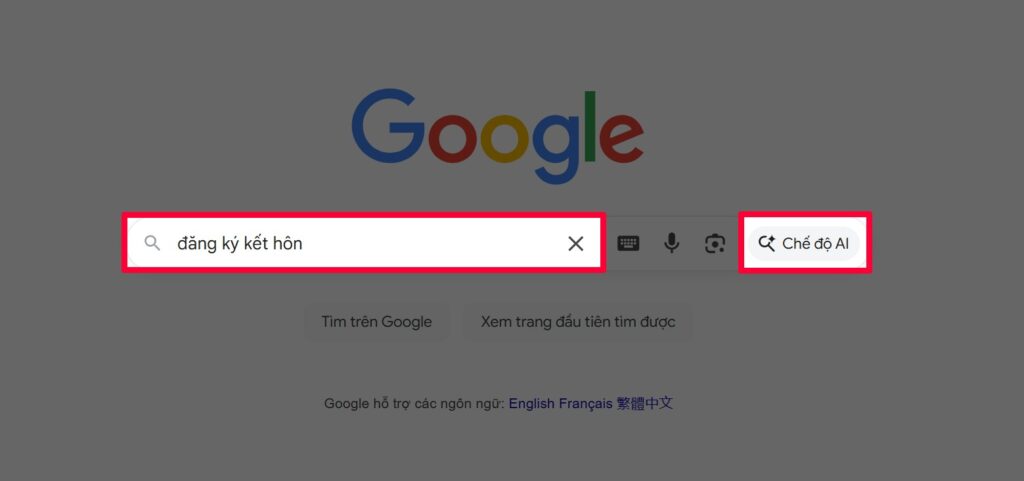Nhập câu hỏi tìm kiếm lên Google