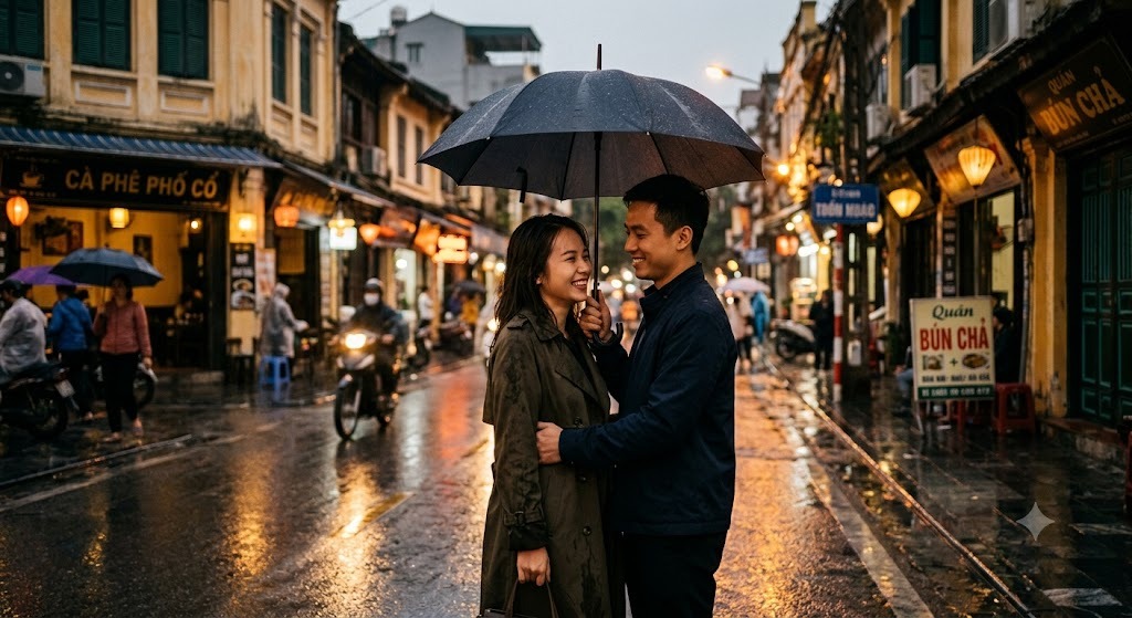 Prompt tạo hình cặp đôi dưới mưa