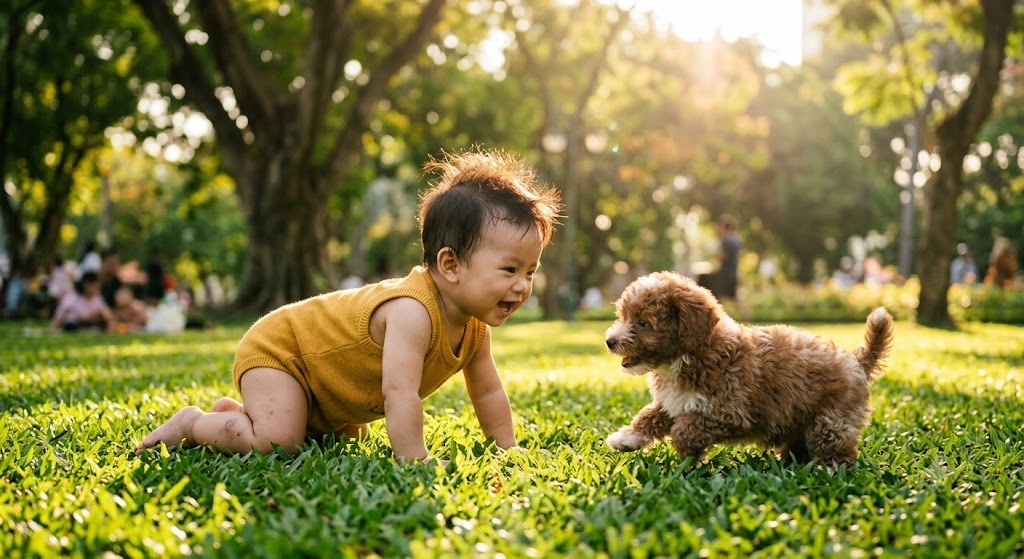 Prompt tạo hình em bé chơi cùng cún con