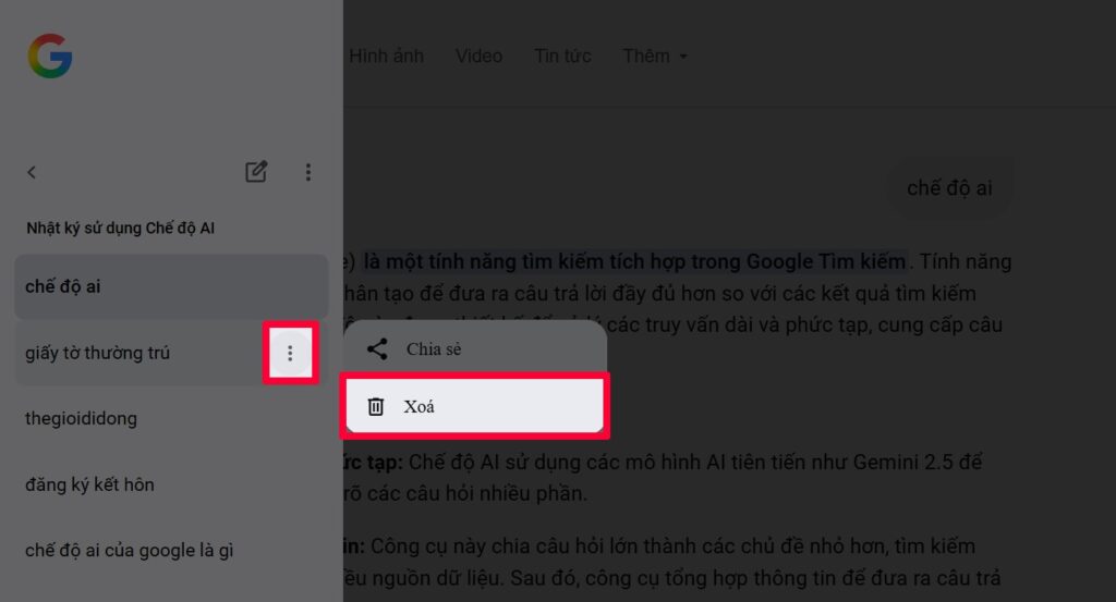 Xóa nhật ký chế độ AI của Google
